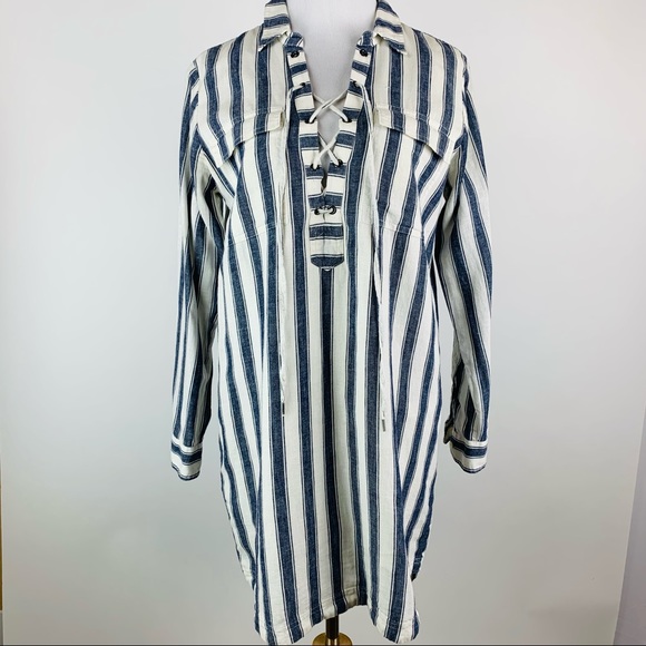 Madewell Striped Lace Up Linen Blend Shirt Dress S - Picture 2 of 12